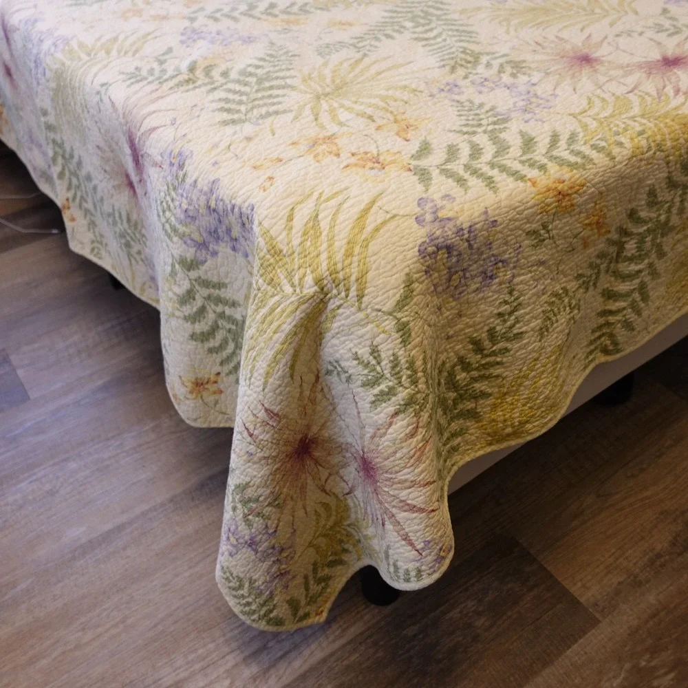 Shabby Botanical Cotton Quilt Yellow Cottagecore Country Floral Fern Boho 64x86